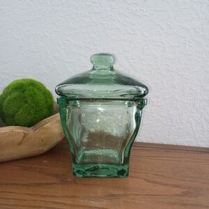 Vintage Hand Blown Green Glass Jar Canister with Lid